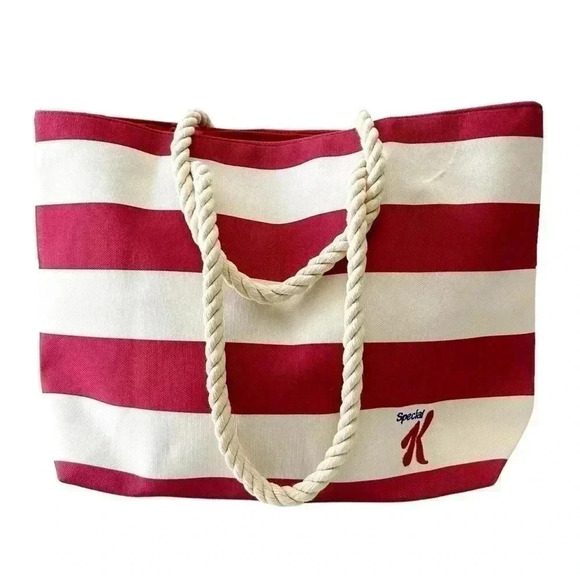 Oversized Canvas Tote Bag Rope Handle Beach Travel Carryall Red Cream Stripes - Picture 1 of 13